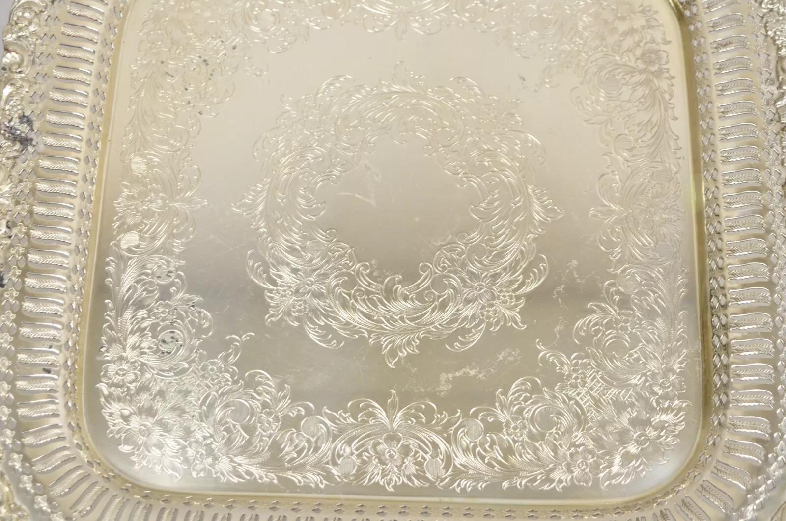 Vintage English Victorian Silver Plated Reticulated Square Servierplatte Tablett (Viktorianisch) im Angebot