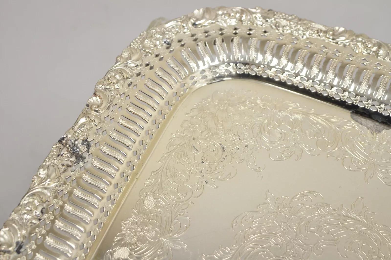 Vintage English Victorian Silver Plated Reticulated Square Servierplatte Tablett (20. Jahrhundert) im Angebot