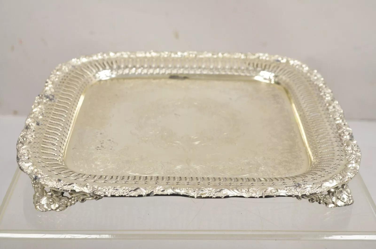 Vintage English Victorian Silver Plated Reticulated Square Servierplatte Tablett im Angebot 2