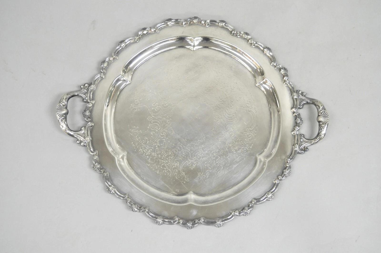 Vintage English Victorian Silver Plated Round Serving Platter Bar Tablett w Griffe im Angebot 3