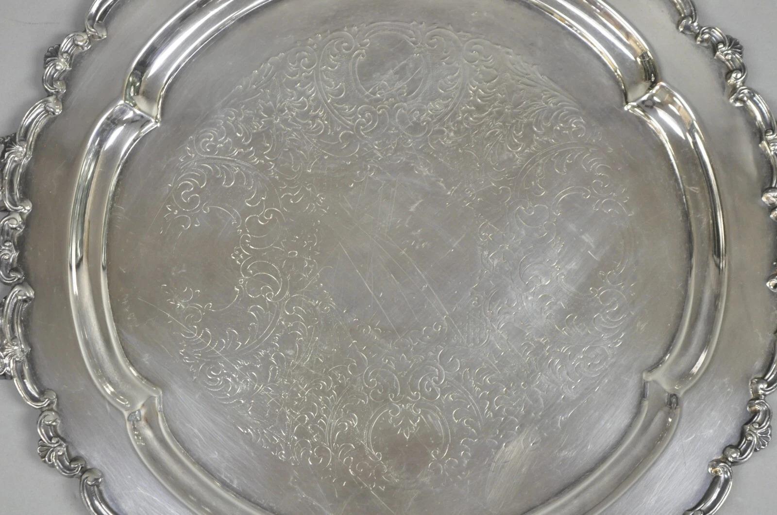 Vintage English Victorian Silver Plated Round Serving Platter Bar Tablett w Griffe (Unbekannt) im Angebot