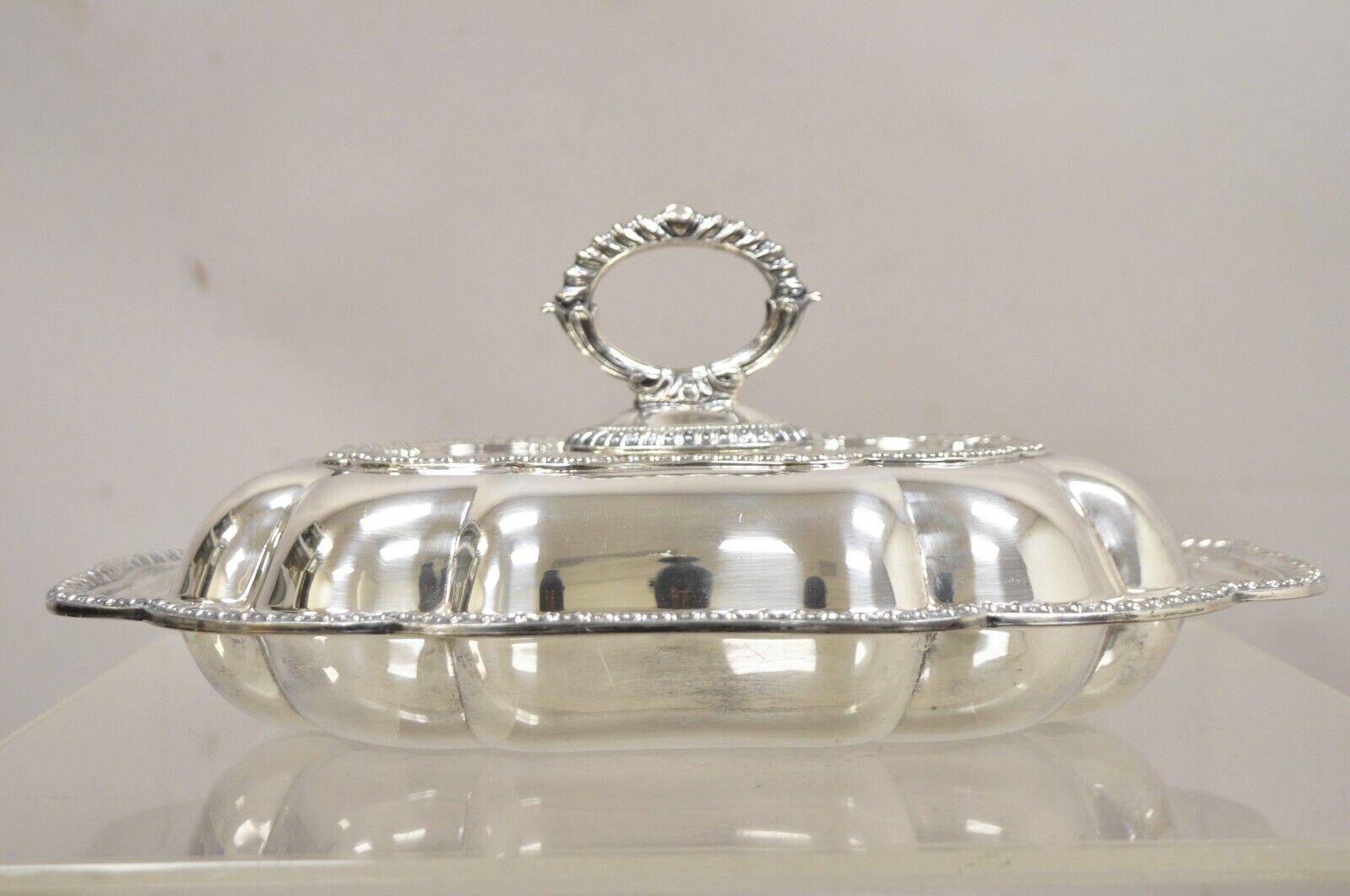 Vintage English Victorian Style Silver Plated Scalloped Covered Serving Platter Dish. Circa Mid 20th Century. Measurements: 6