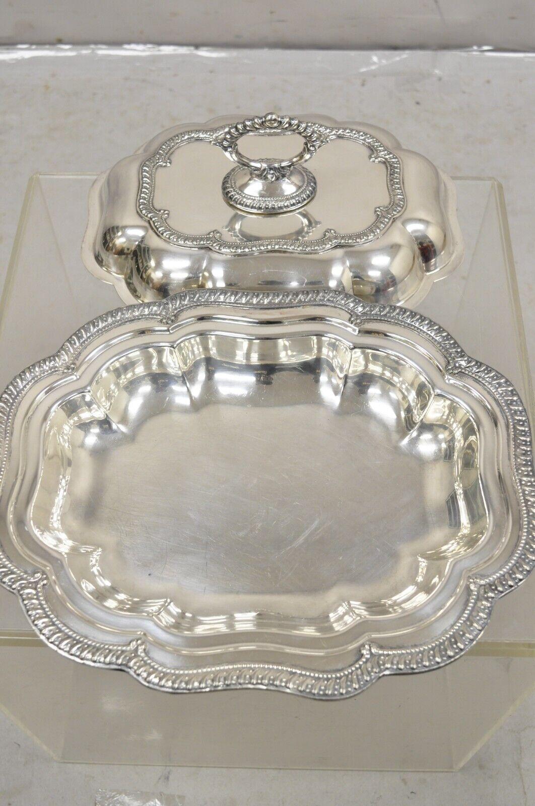 Vintage English Victorian Silver Plated Scalloped Covered Serving Platter Dish For Sale 1