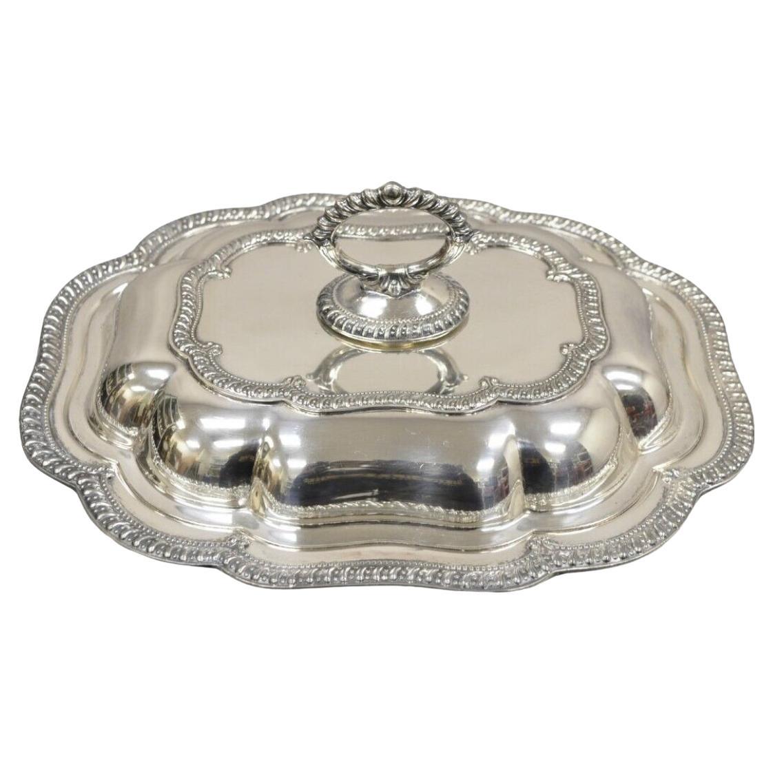 Vintage English Victorian Silver Plated Scalloped Covered Serving Platter Dish For Sale
