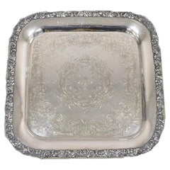 Vintage English Victorian Sliver Plated 15" Square Platter Tray With Monogram