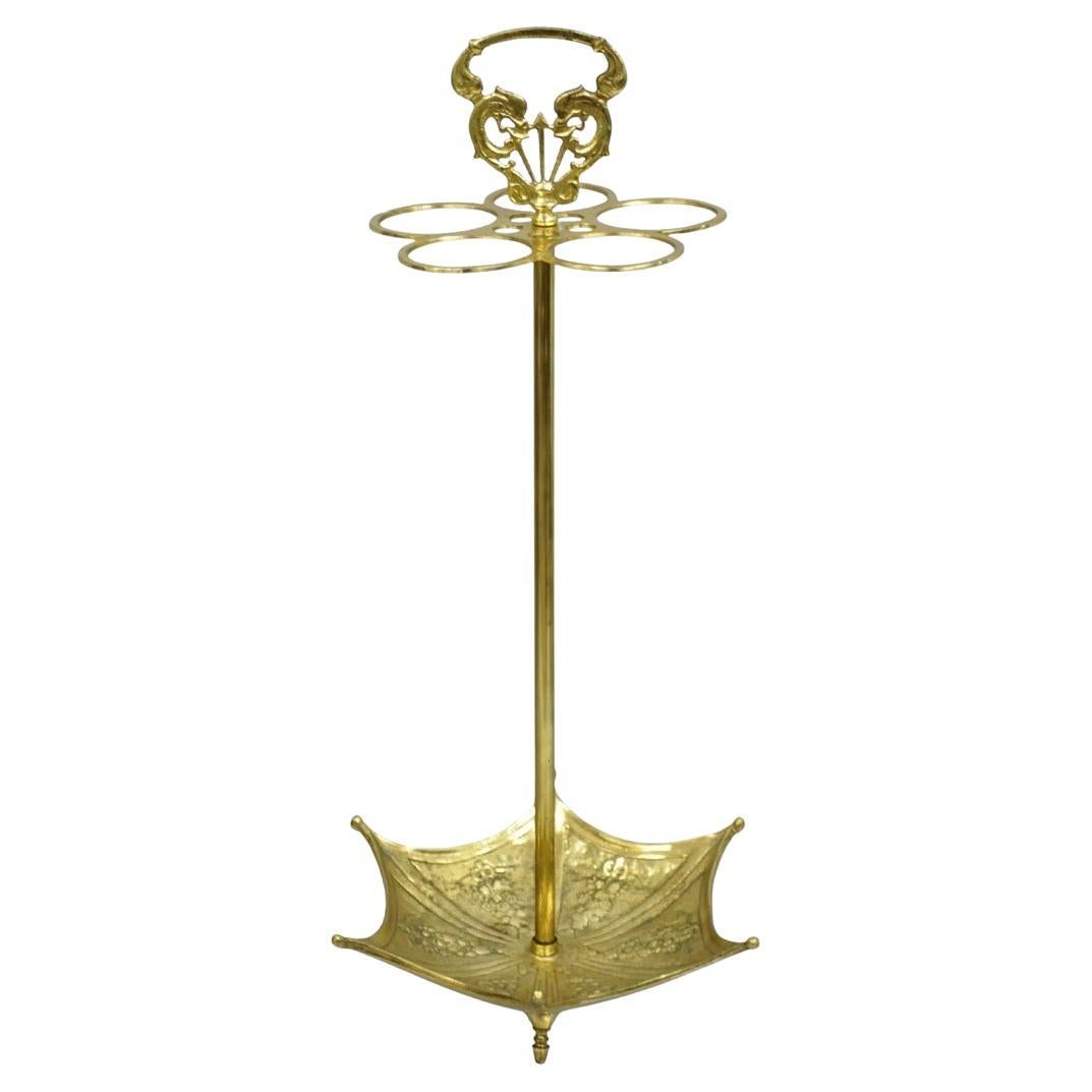 Vintage English Victorian Style Brass Umbrella Cane Stand w/ Serpent Handle