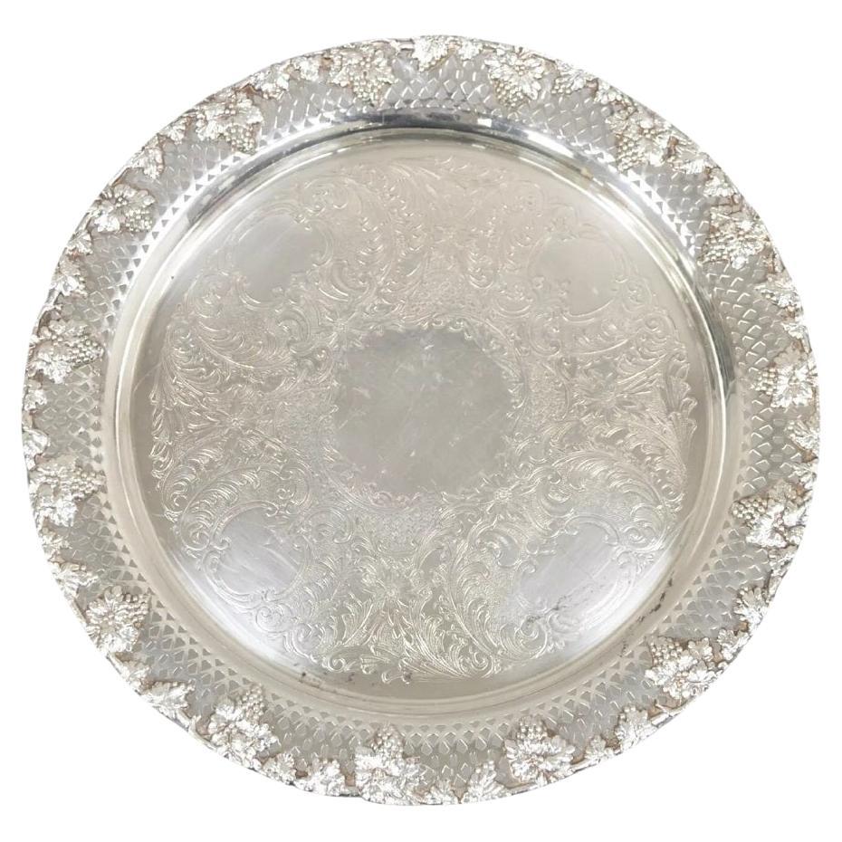 Vintage English Victorian Style Grapevine Fretwork Silver Plated 12" Round Tray For Sale