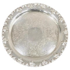 Vintage English Victorian Style Grapevine Fretwork Silver Plated 12" Round Tray