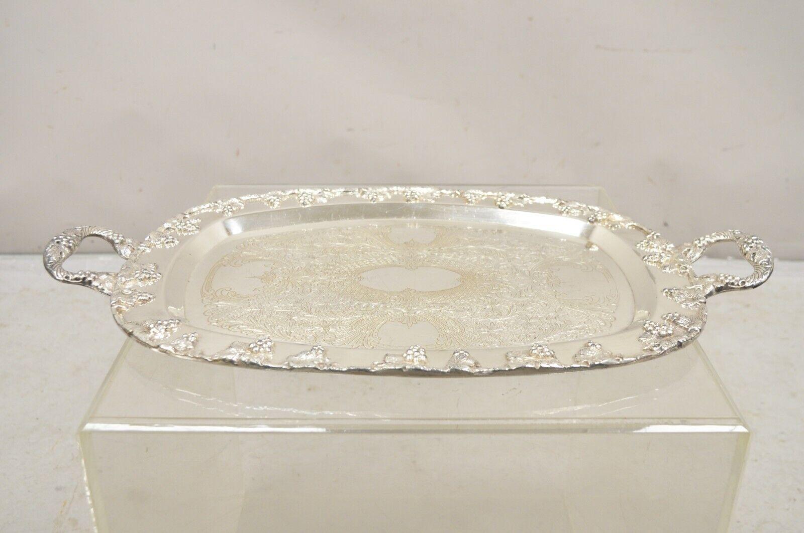 Vintage English Victorian Style Silver Plated Twin Handle Grapevine Serving Tray For Sale 8
