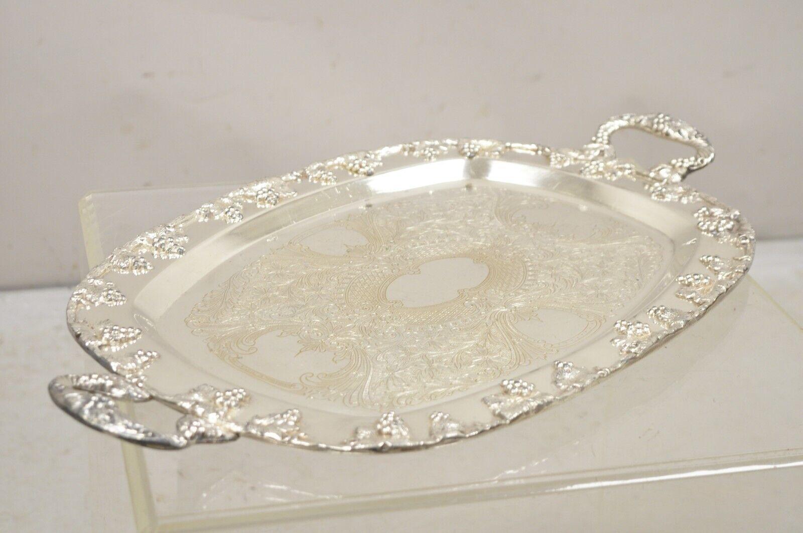 Vintage English Victorian Style Silver Plated Twin Handle Grapevine Serving Tray. Circa Mid to Late 20th Century. Measurements:  1.5