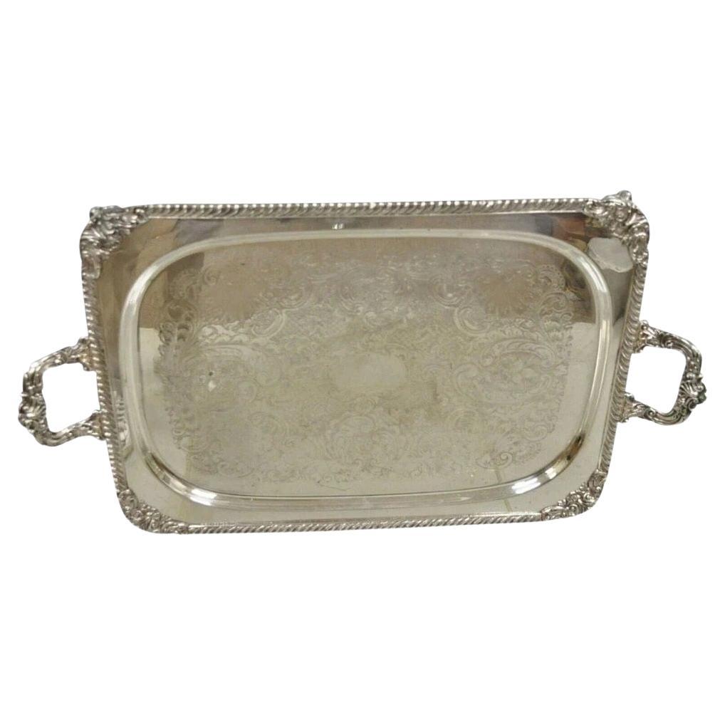 Vintage English Victorian Twin Handle Silver Plated Bar Serving Platter Tray For Sale