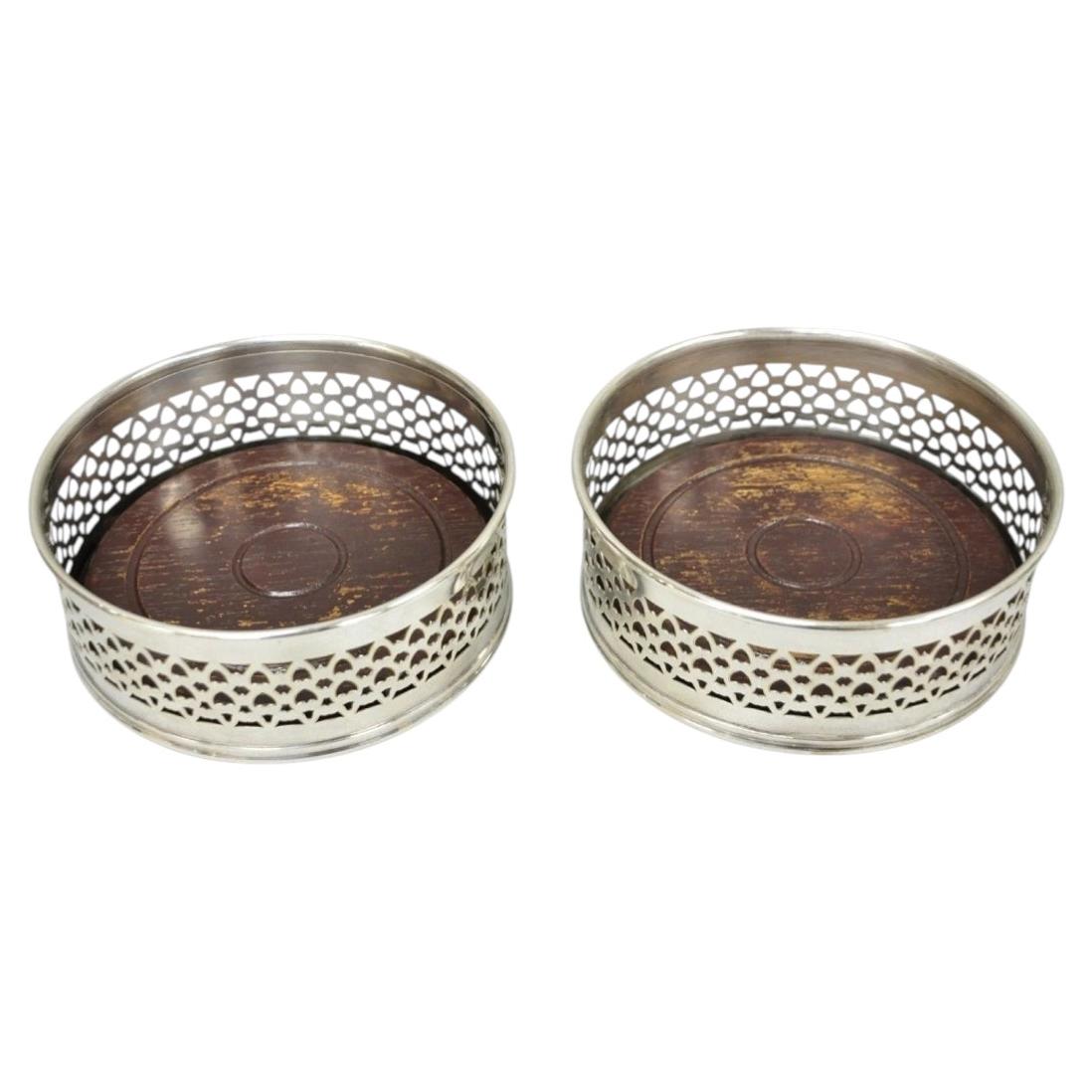 Vintage English Victorian Wood & Silver Plated Bar Wine Bottle Coaster - a Pair