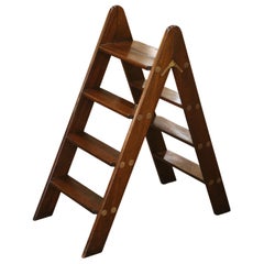 Vintage English Walnut Four-Step Library Ladder with Brass Accents