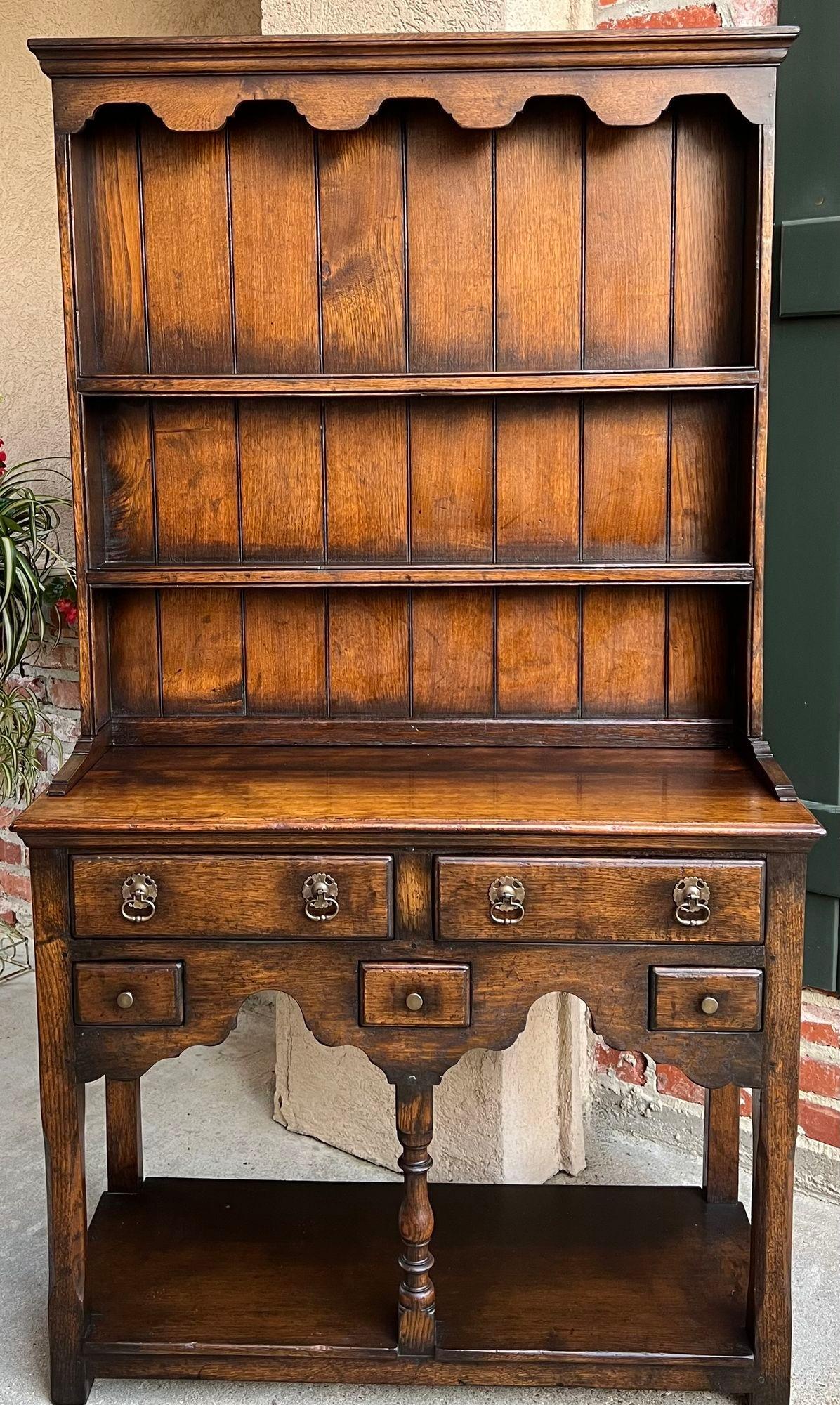 Turned Vintage English Welsh Dresser Petite Sideboard Oak Farmhouse Kitchen Cabinet