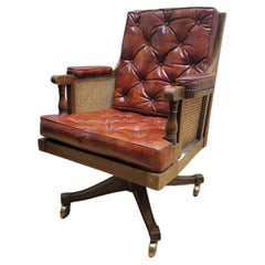  Vintage English William IV Style Button Tufted Leather Swivel Armchair by Baker