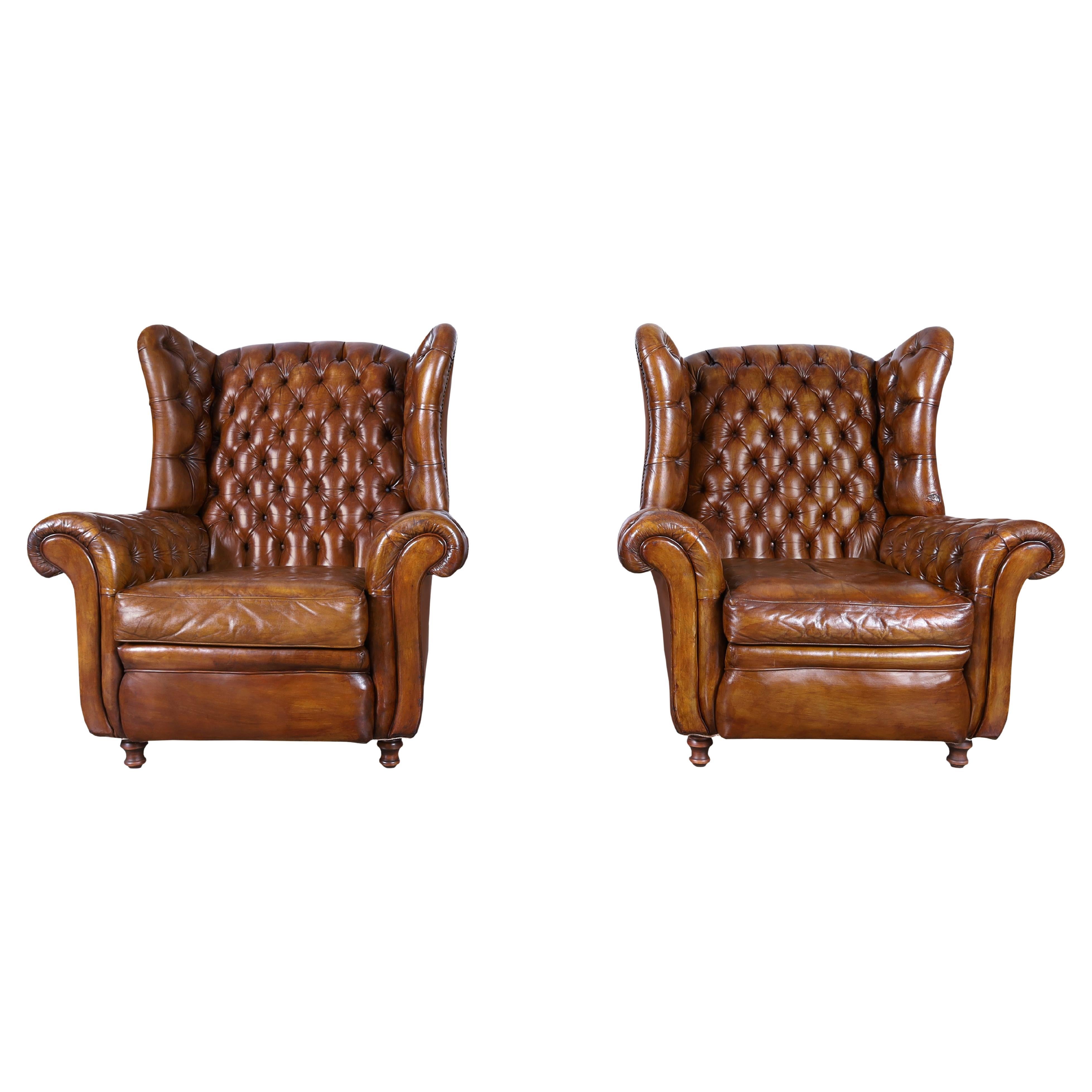 Sedie da salotto Chesterfield in pelle inglese vintage con schienale a dorso d'asino