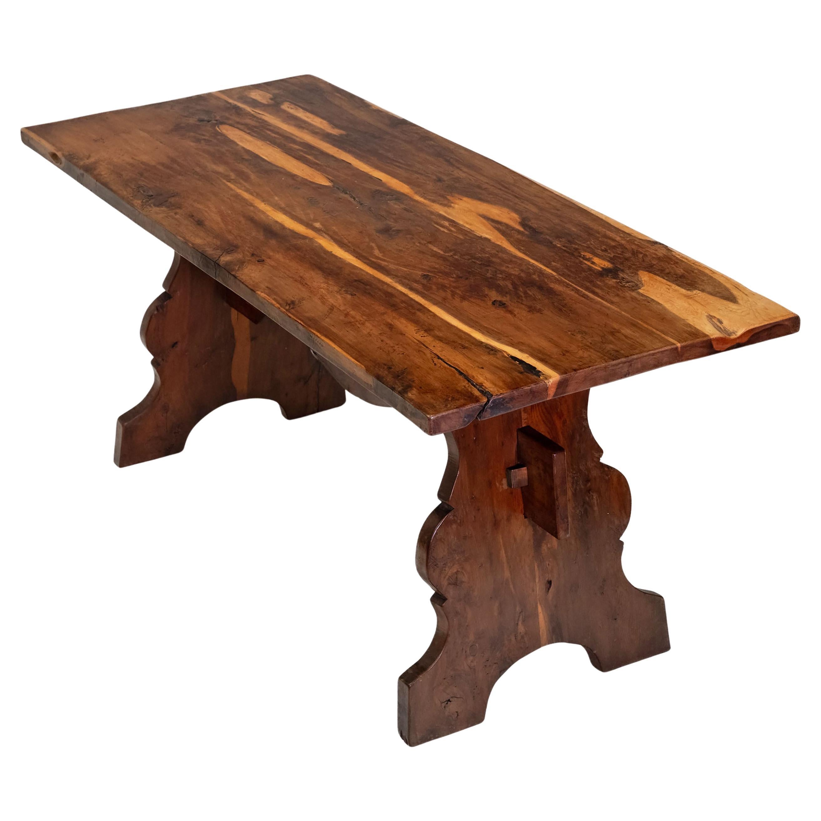 Vintage English Yew Wood Trestle Dining Table Circa 1960 For Sale