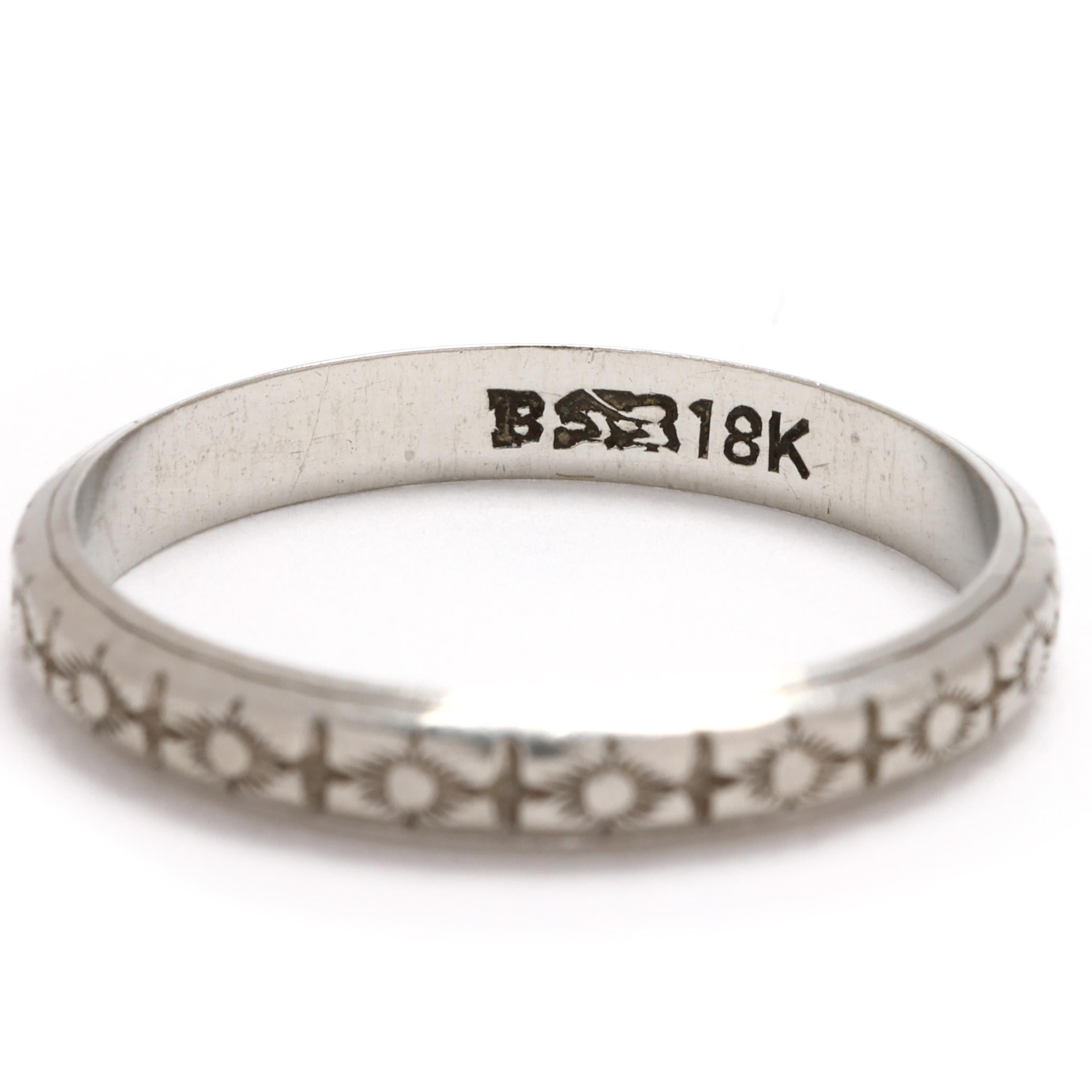 Women's or Men's Vintage Engraved Band Ring, 18k White Gold, Ring Size 5.5