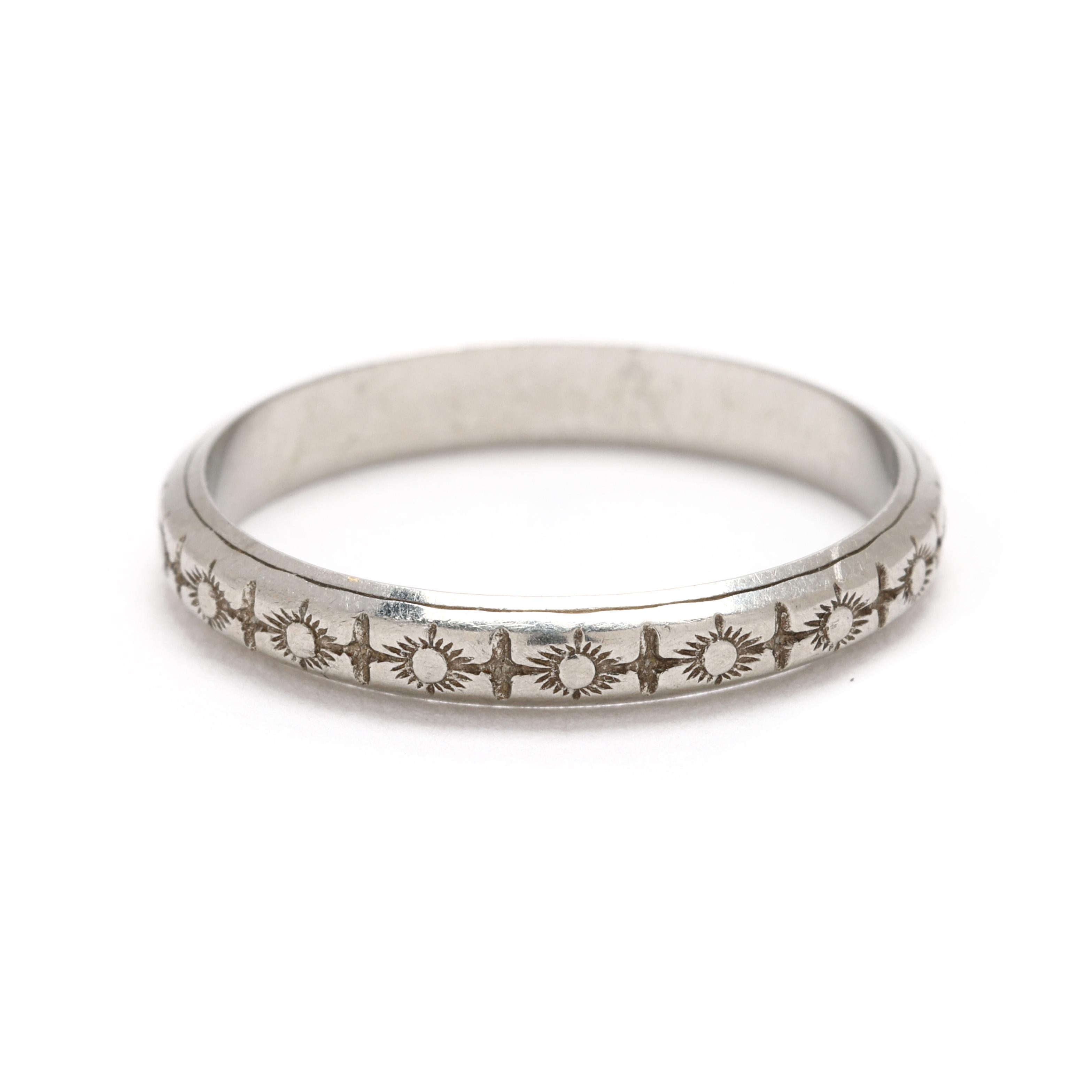 Vintage Engraved Band Ring, 18k White Gold, Ring Size 5.5