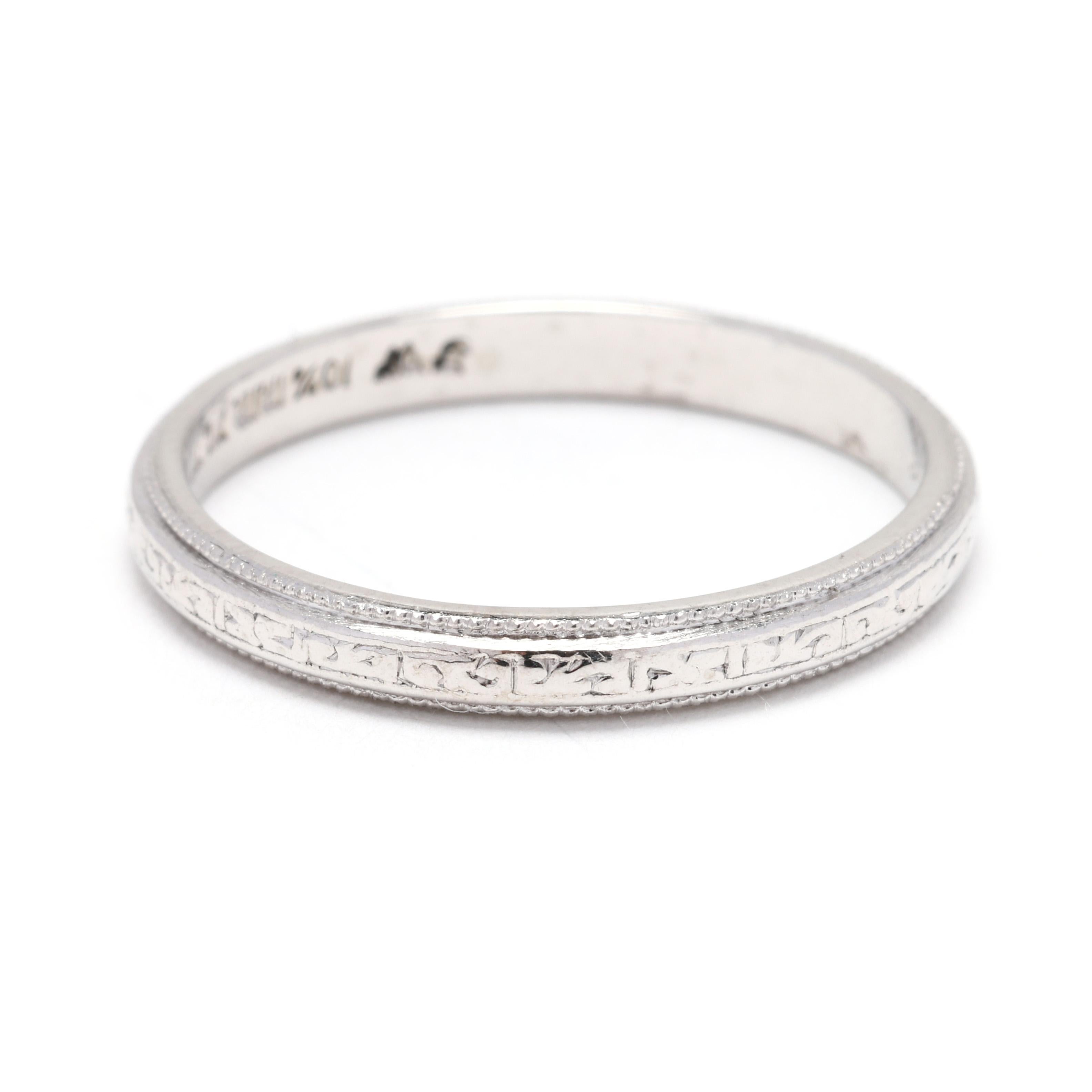 Vintage Engraved Band Ring, Platinum, Ring Size 6.75, Stackable In Good Condition For Sale In McLeansville, NC