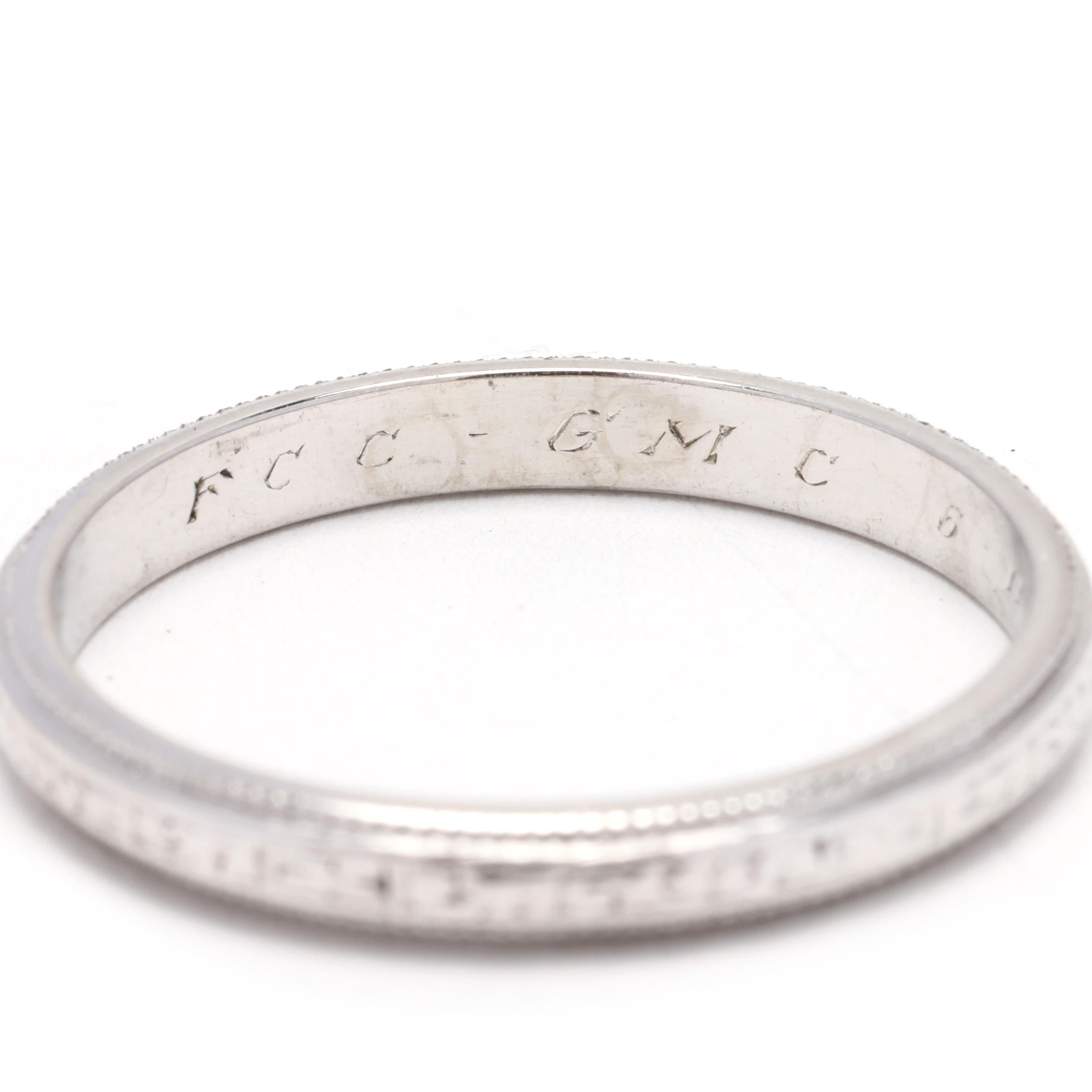 Vintage Engraved Band Ring, Platinum, Ring Size 6.75, Stackable For Sale 1