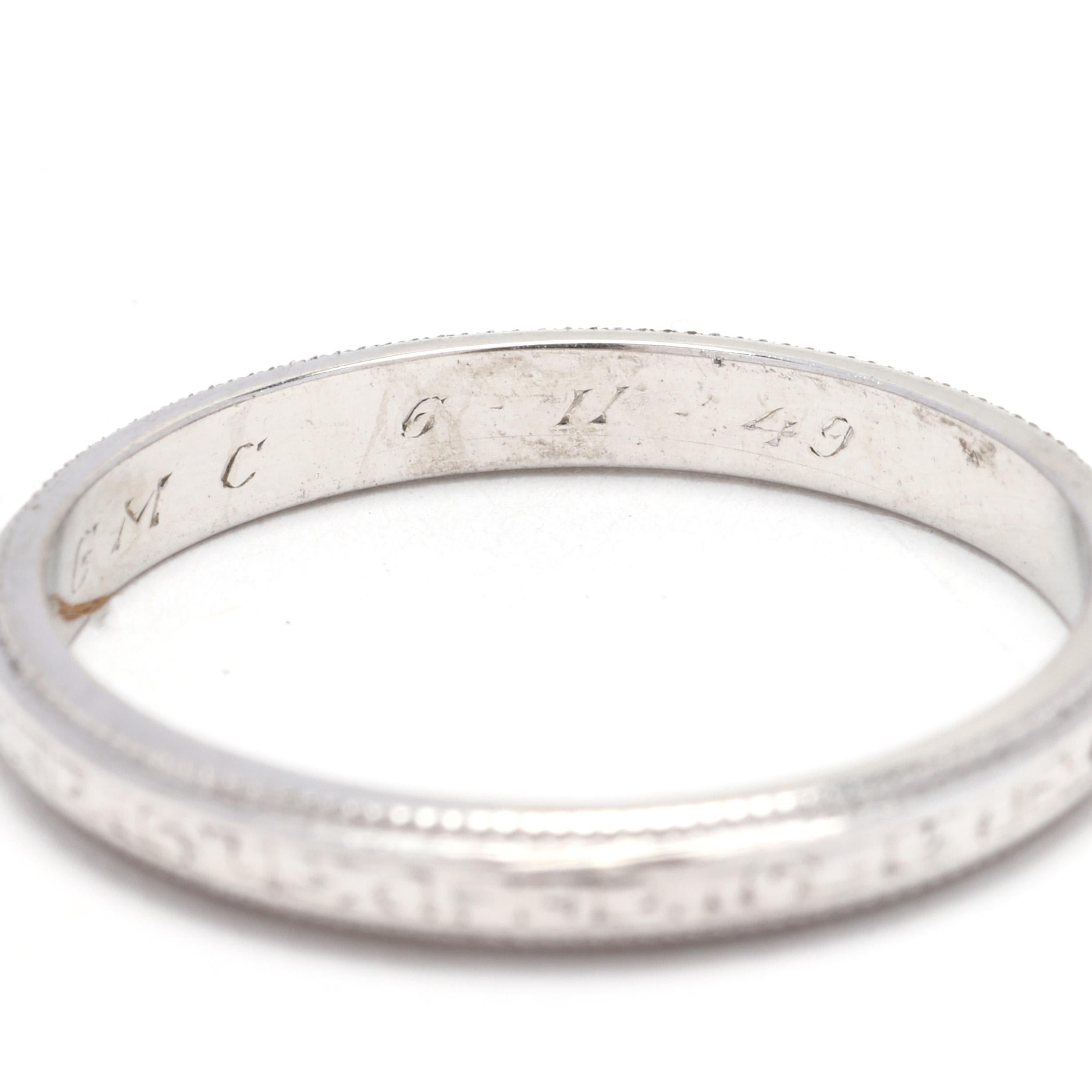 Vintage Engraved Band Ring, Platinum, Ring Size 6.75, Stackable For Sale 2