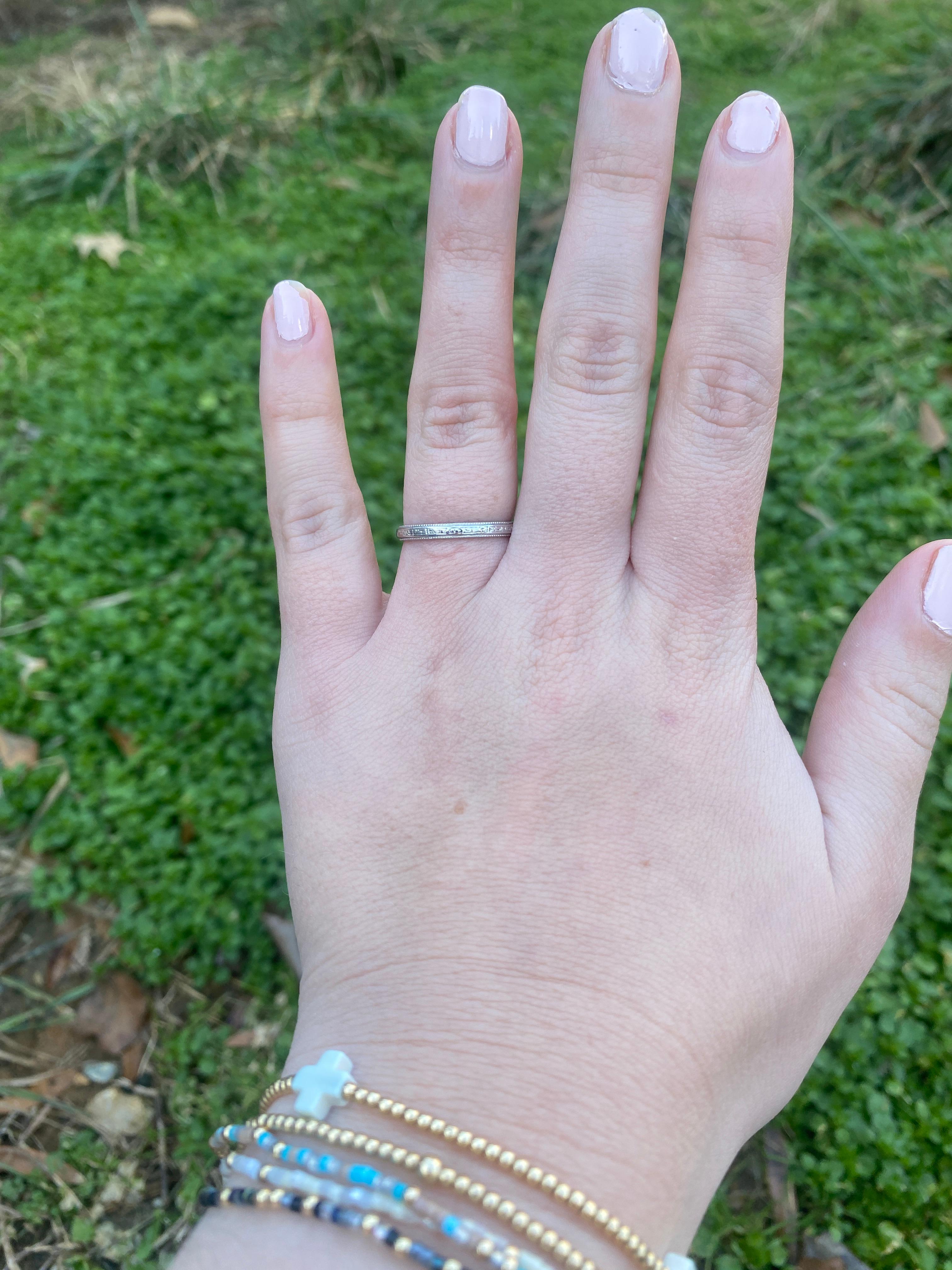 Vintage Engraved Band Ring, Platinum, Ring Size 6.75, Stackable For Sale 3