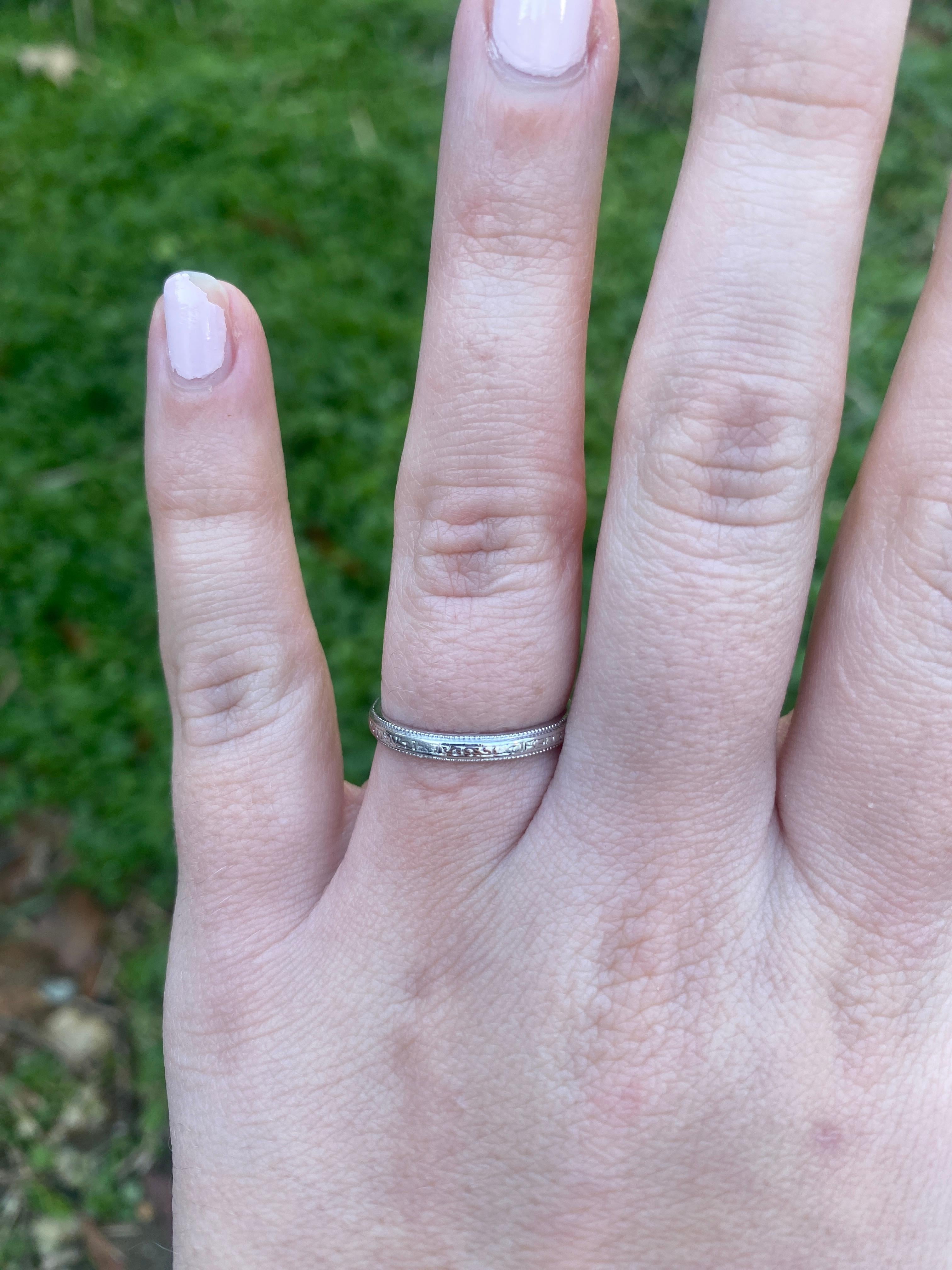 Vintage Engraved Band Ring, Platinum, Ring Size 6.75, Stackable For Sale 4