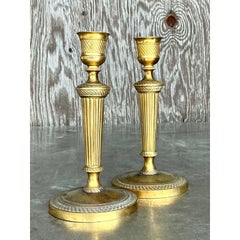 Vintage Engraved Brass Candlesticks - A Pair