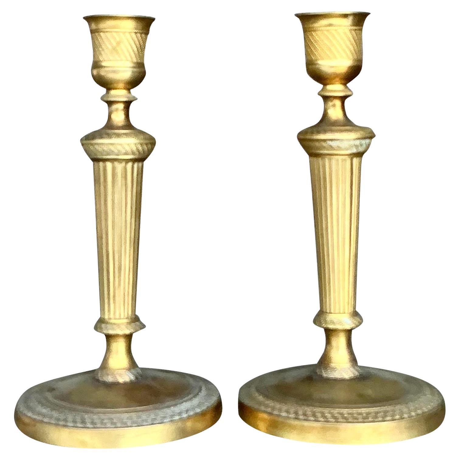 Vintage Engraved Brass Candlesticks - A Pair