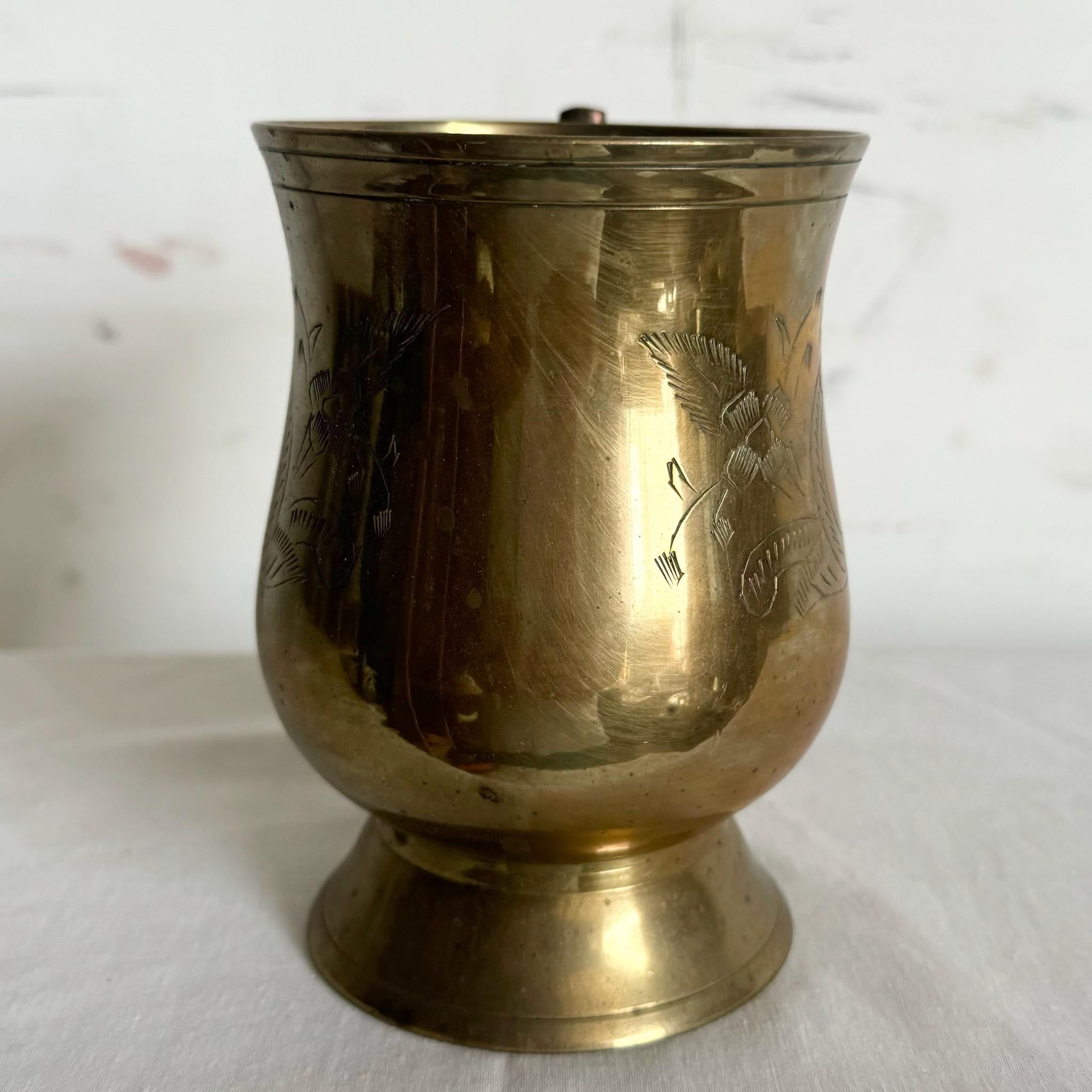 Vintage Engraved Brass Cup/Mug In Good Condition For Sale In Delray Beach, FL