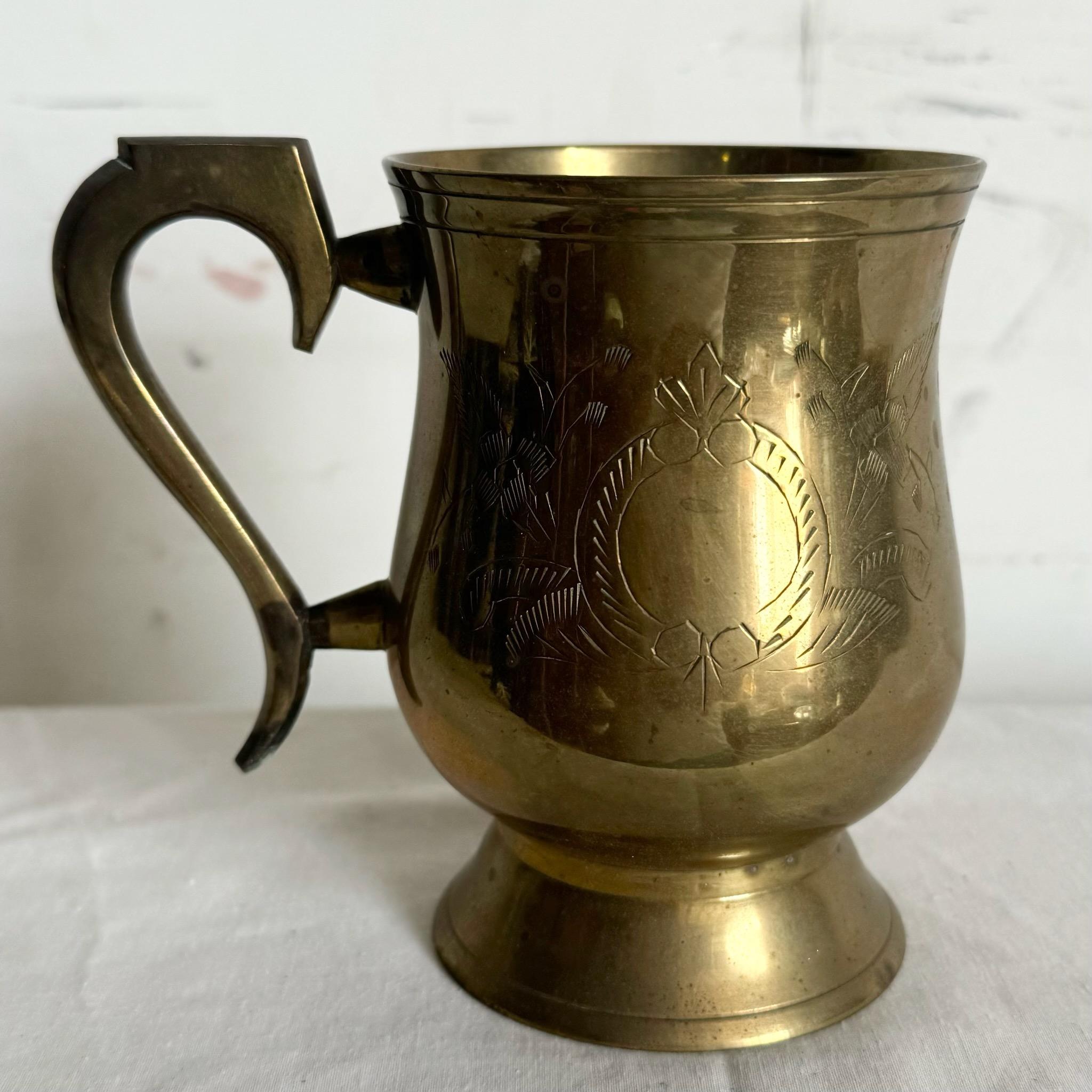 20th Century Vintage Engraved Brass Cup/Mug For Sale