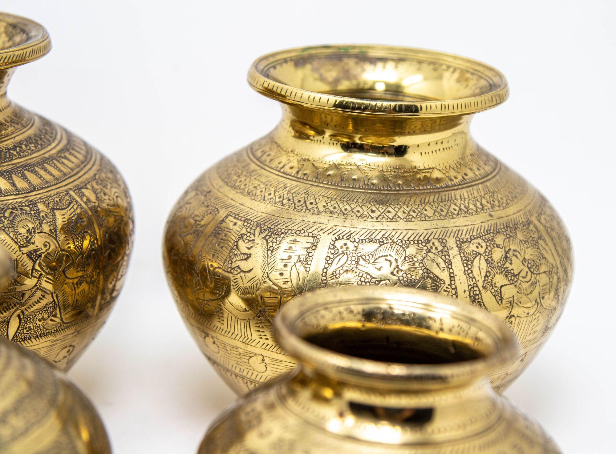 Vintage Engraved Brass Lota Vessel from India 1950s Set of 4 For Sale 11