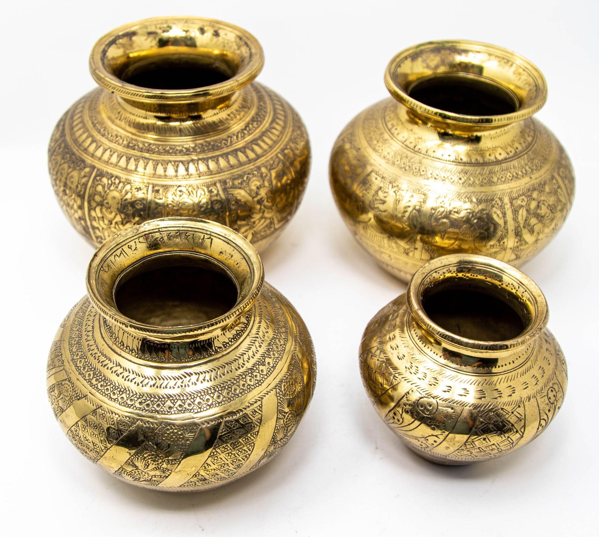 Vintage Engraved Brass Lota Vessel from India 1950s Set of 4 For Sale 12
