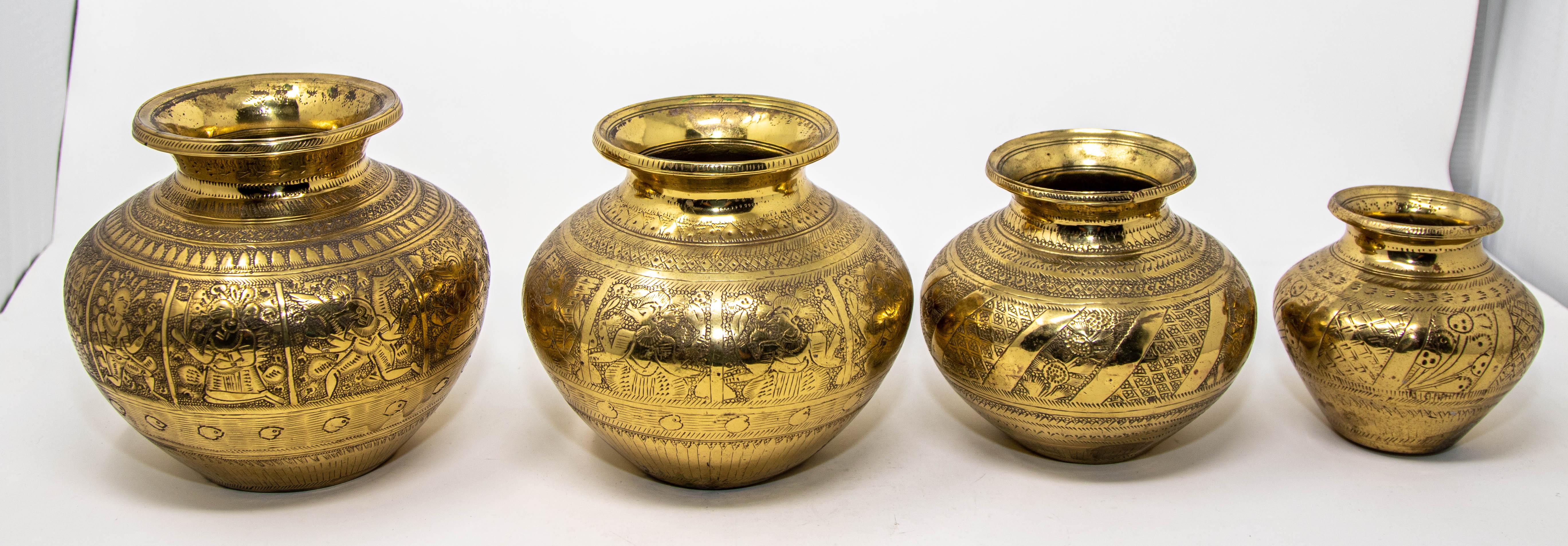 Vintage Engraved Brass Lota Vessel from India 1950s Set of 4 For Sale 13