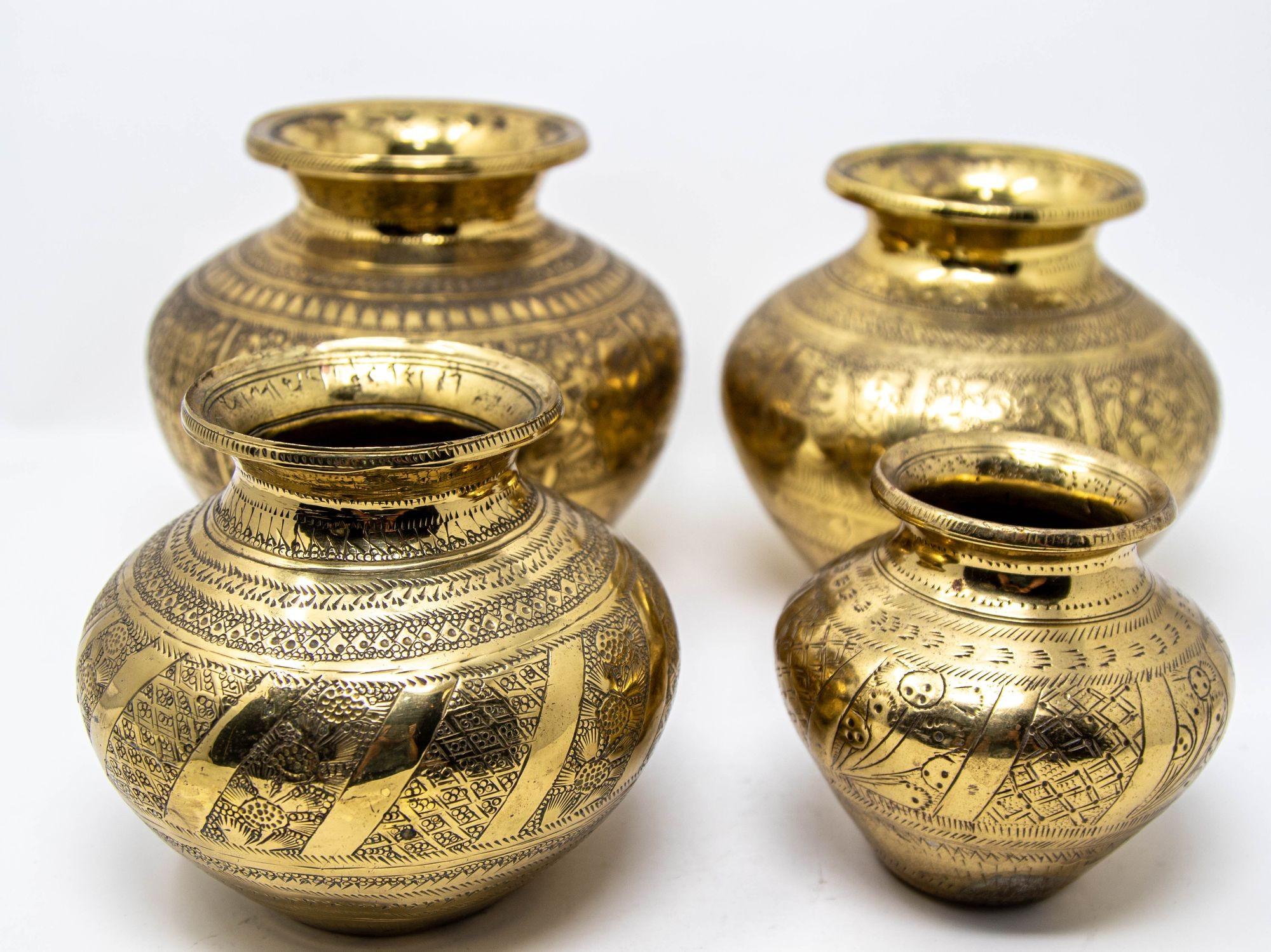 Folk Art Vintage Engraved Brass Lota Vessel from India 1950s Set of 4 For Sale