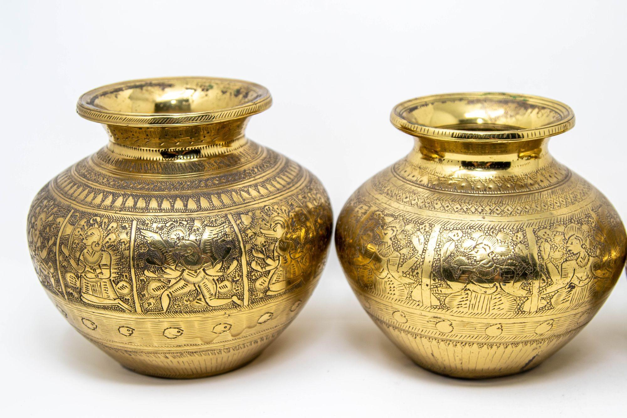 Indian Vintage Engraved Brass Lota Vessel from India 1950s Set of 4 For Sale