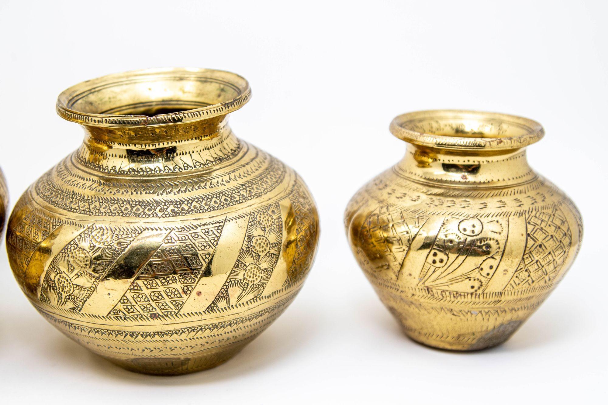 Etched Vintage Engraved Brass Lota Vessel from India 1950s Set of 4 For Sale