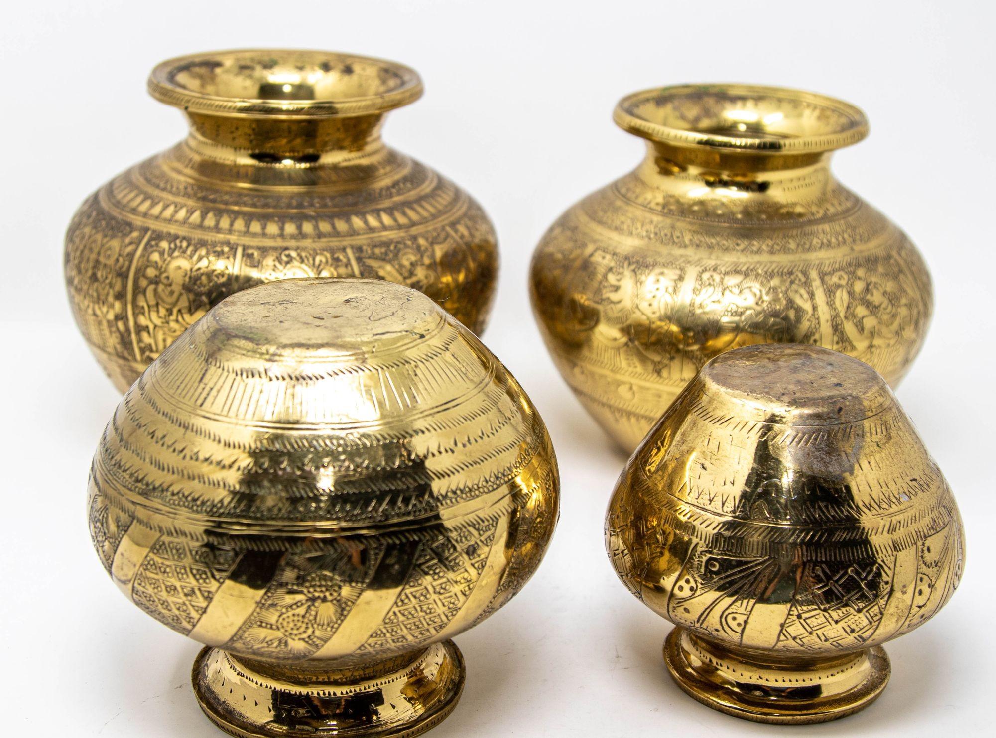 20th Century Vintage Engraved Brass Lota Vessel from India 1950s Set of 4 For Sale