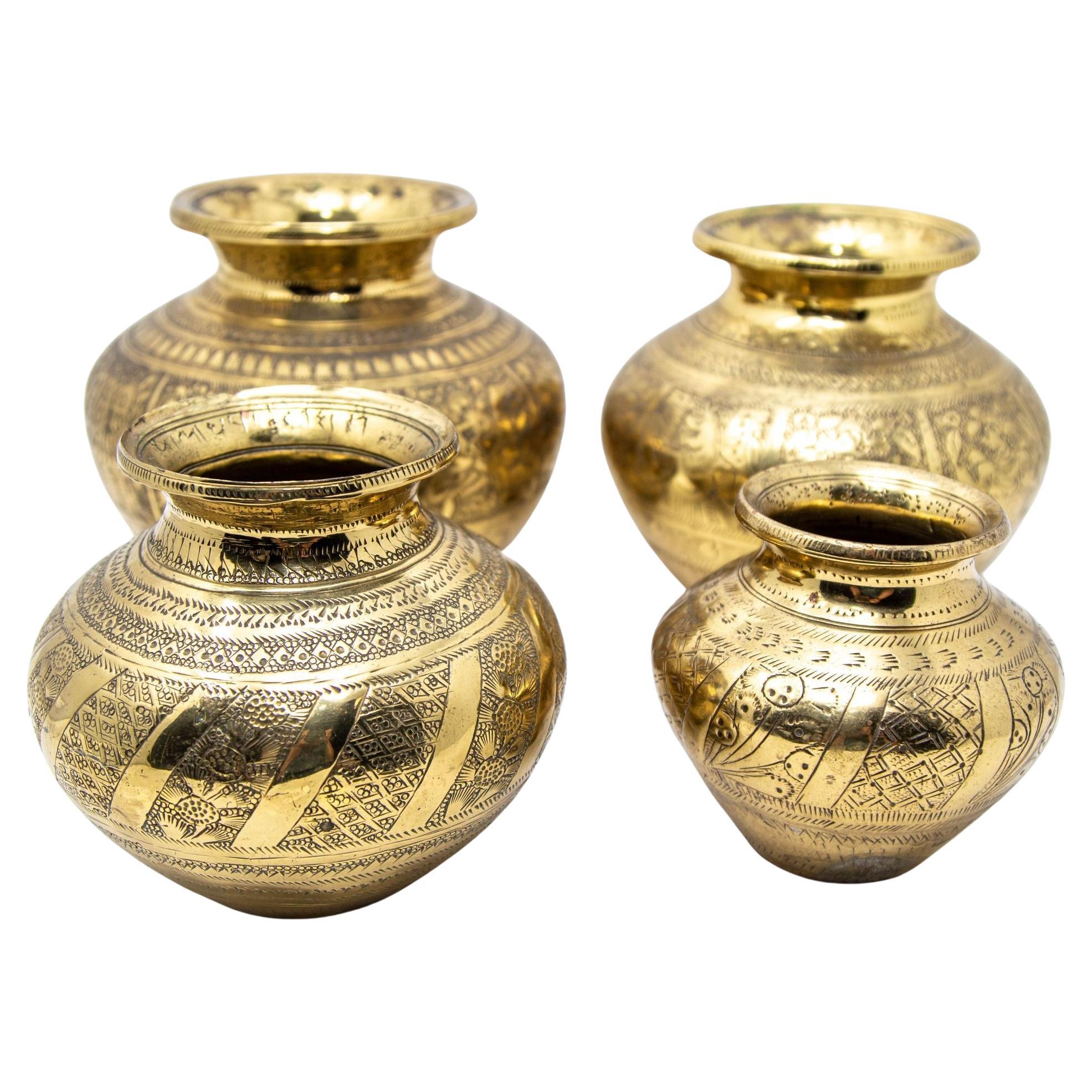 Vintage Engraved Brass Lota Vessel from India 1950s Set of 4 For Sale