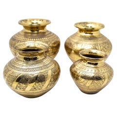 Vintage Engraved Brass Lota Vessel from India 1950s Set of 4