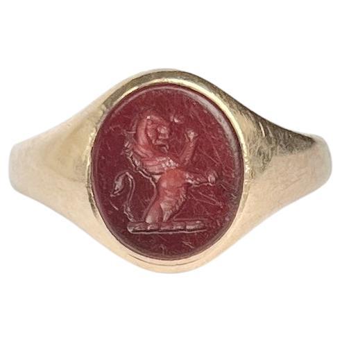 Vintage Engraved Carnelian 9 Carat Gold Signet Ring  For Sale