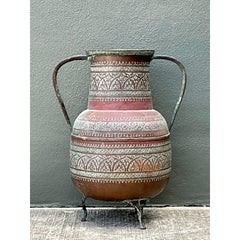 Vintage Engraved Copper Amphora Floor Vase