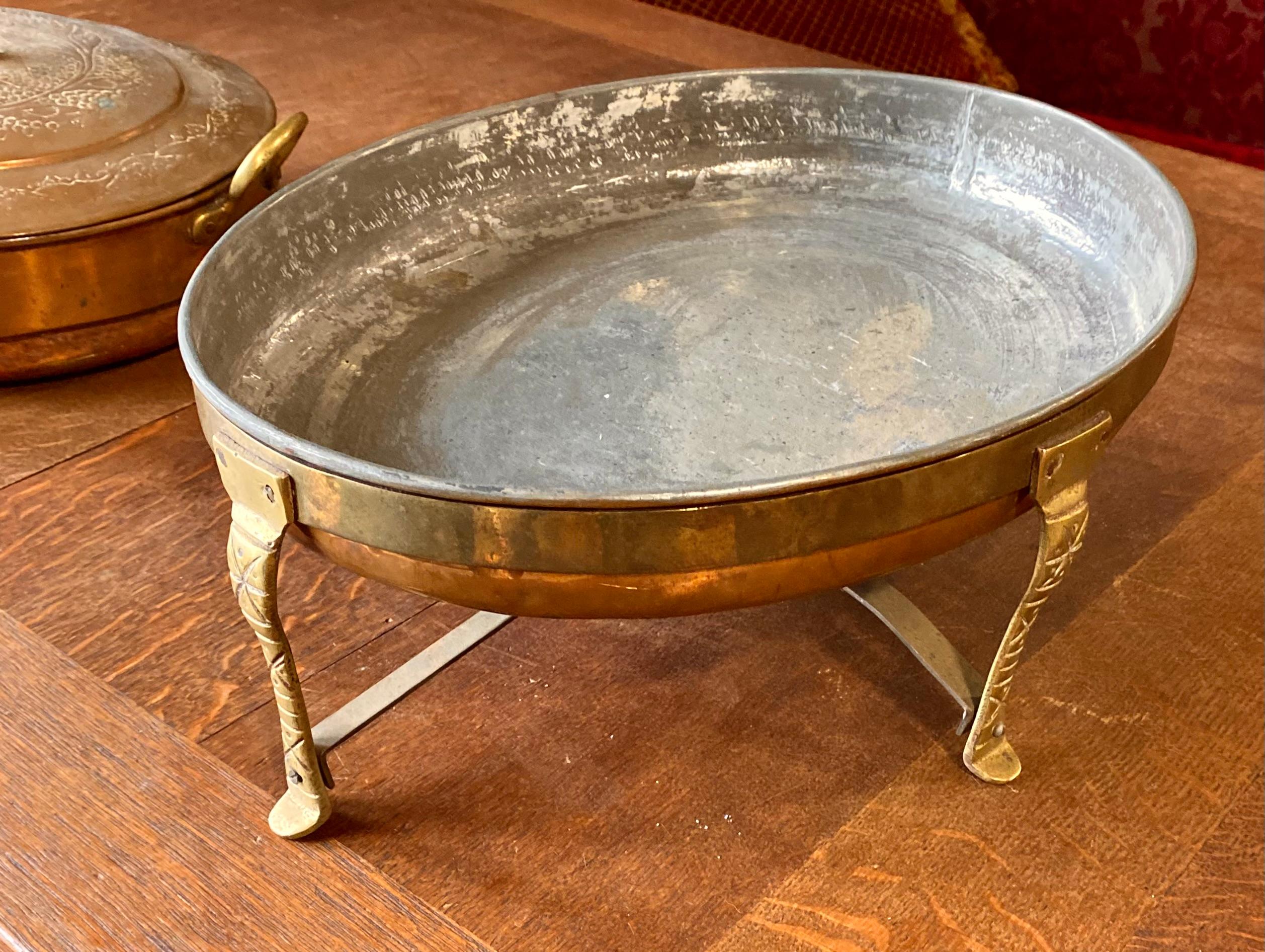 Vintage Engraved Copper and Brass Tin Lined Chafing Dish  For Sale 2