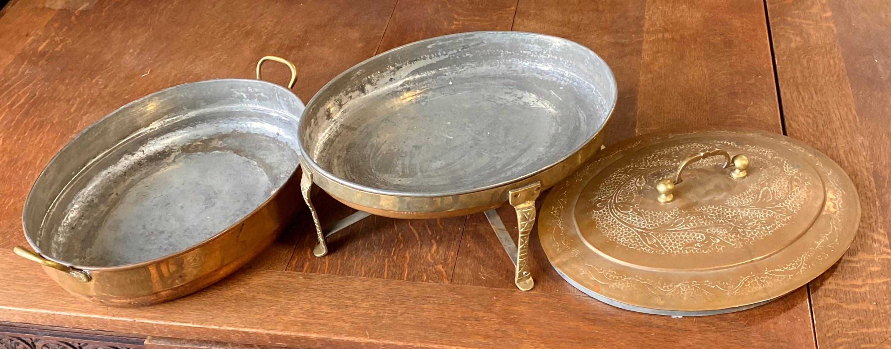 Vintage Engraved Copper and Brass Tin Lined Chafing Dish  For Sale 8