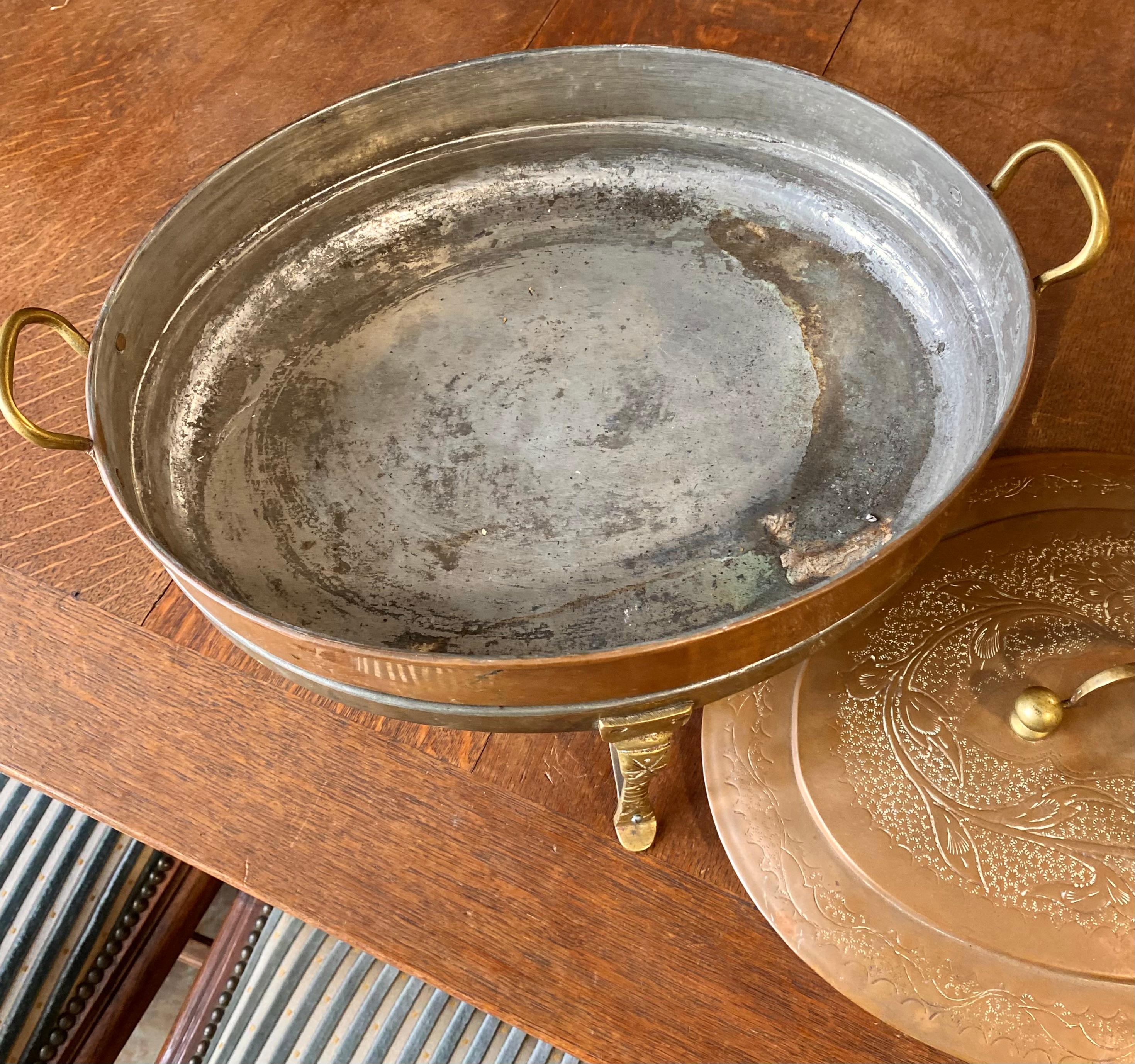 Vintage Engraved Copper and Brass Tin Lined Chafing Dish  For Sale 8