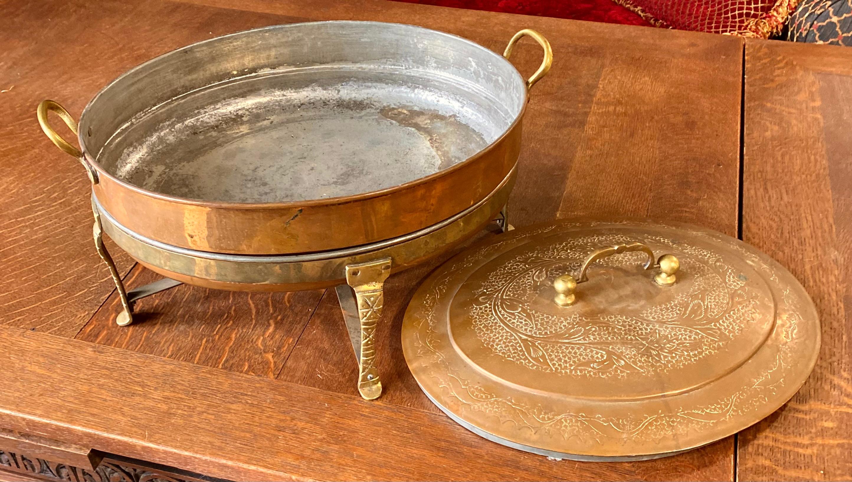 Islamic Vintage Engraved Copper and Brass Tin Lined Chafing Dish  For Sale