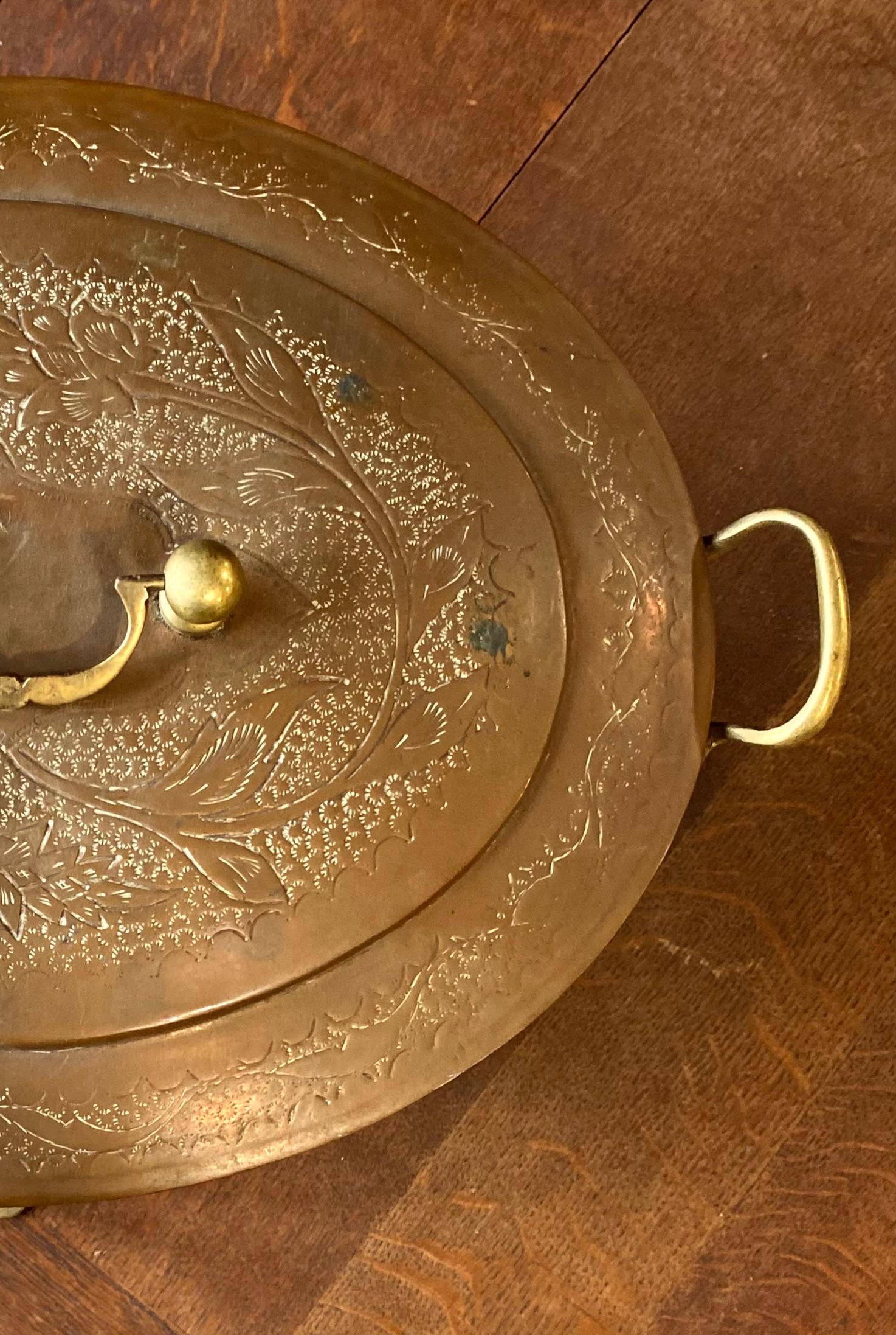 Hand-Crafted Vintage Engraved Copper and Brass Tin Lined Chafing Dish  For Sale