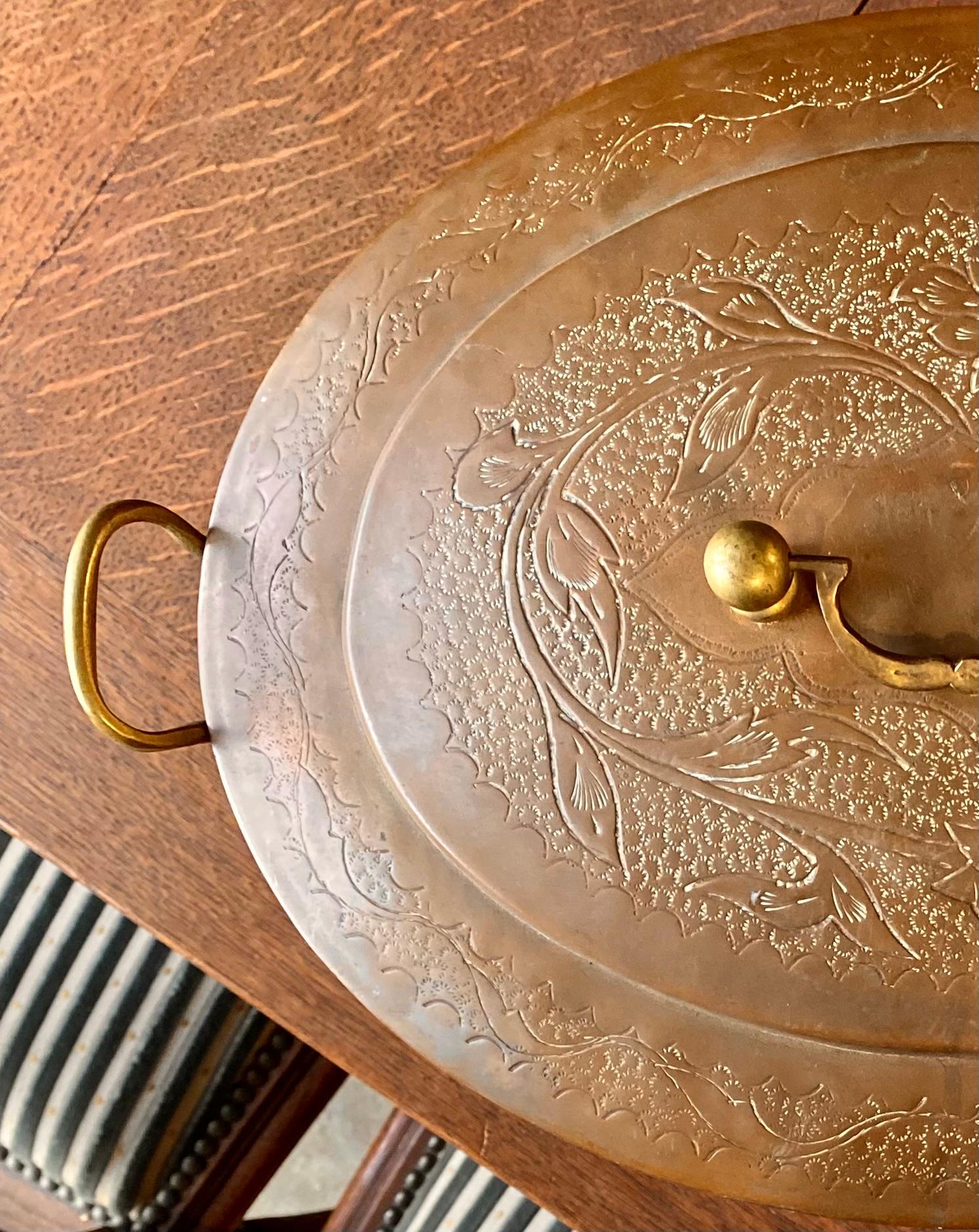 Hand-Crafted Vintage Engraved Copper and Brass Tin Lined Chafing Dish  For Sale