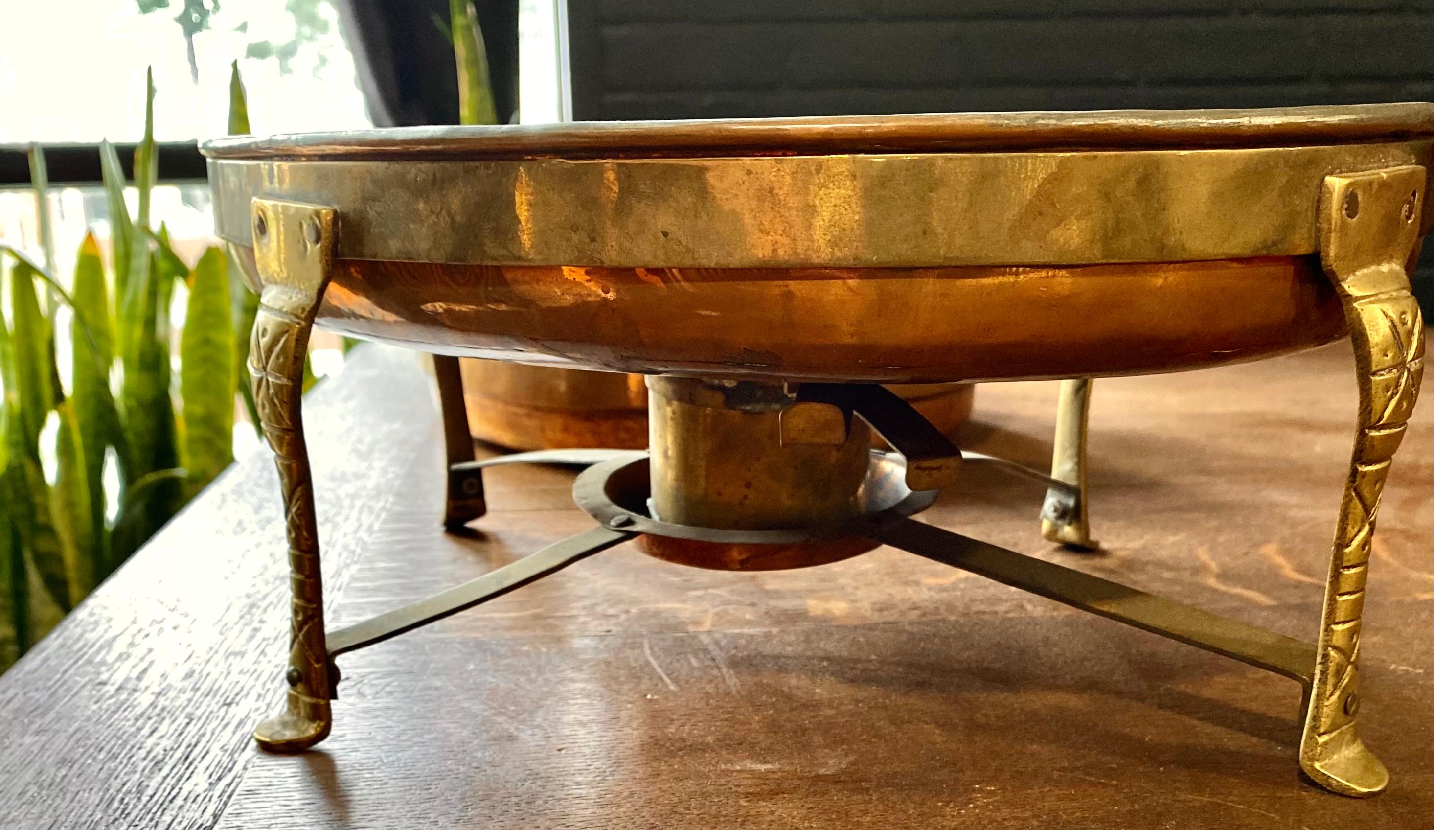 Mid-20th Century Vintage Engraved Copper and Brass Tin Lined Chafing Dish  For Sale